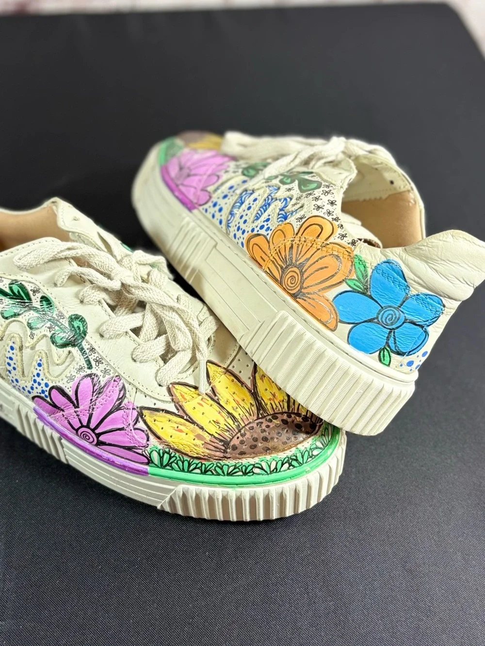 Hand-Painted Floral Platform Sneakers - Cream Canvas with Multicolor Flowers